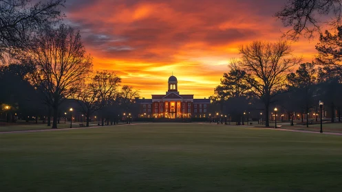 Neoclassical campus building framed by vivid sunrise sky