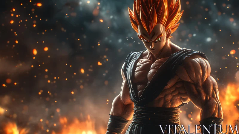 Fiery anime warrior in molten ember battle environment.