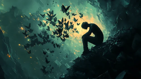 Solitary figure with dark butterflies in glowing chasm.