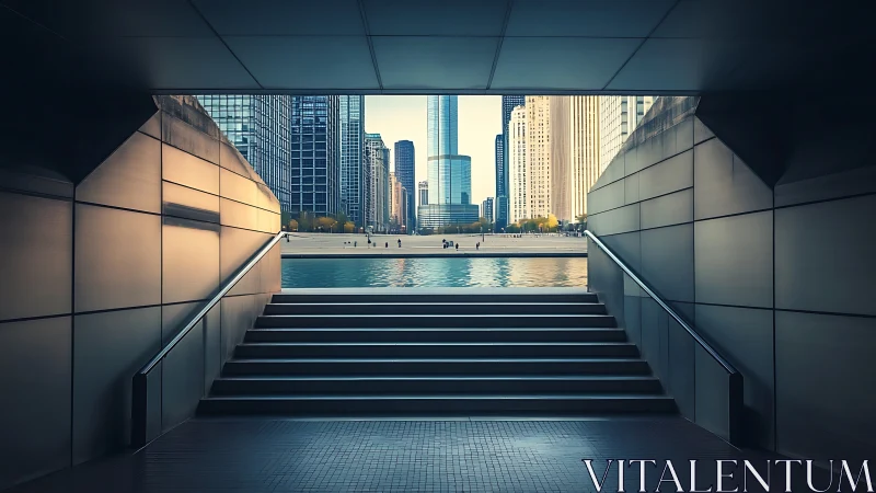 Urban riverside view from underpass stairway frame.