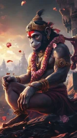 Serene monkey warrior in divine sunset meditation.