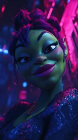 Neon-slick alien diva leans into the glow of nightlife dreams.