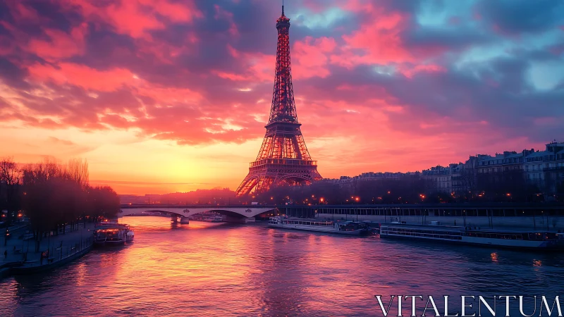 Romantic Paris sunset embracing the Eiffel Tower and Seine.