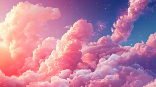 Pink and violet cumulus cloudscape under clear sky.