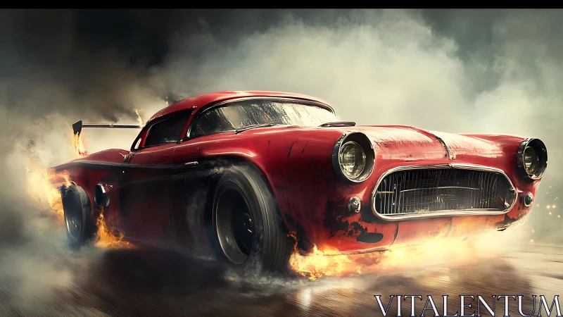 Flaming retro muscle car erupting through stormy smoke clouds.