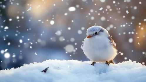 Fluffy White Bird Perched in Snowfall, Soft Winter Photography.