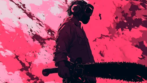 Chainsaw-wielding figure stands in intense neon crimson sky.