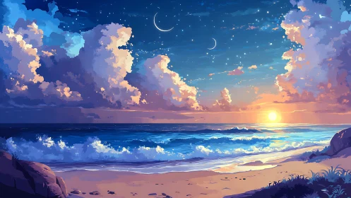 Dreamy twilight beach with glowing waves and gentle skies.