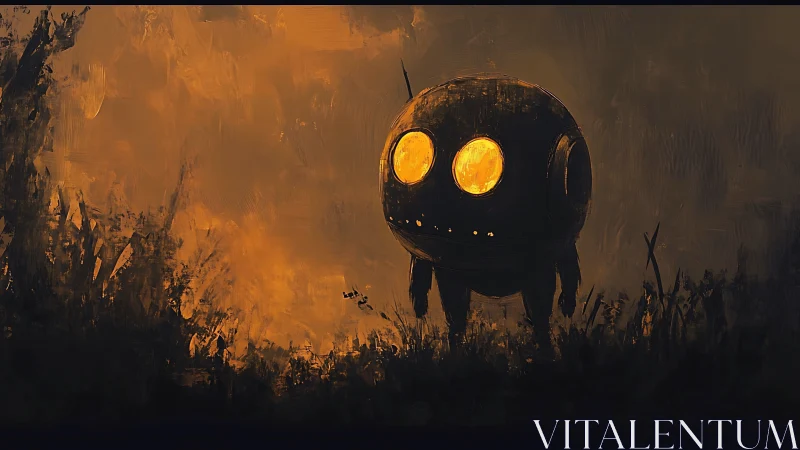 Spherical scout robot in dusk-lit overgrown field landscape.