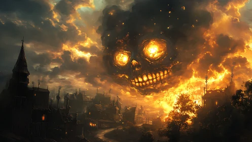Skull-shaped fiery cloud formation dominates burning town skyline