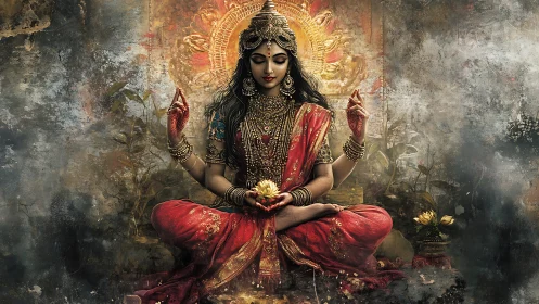 Multi-armed female deity figure in red ceremonial attire.