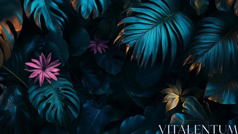 Midnight jungle lullaby with neon leaves and shy magenta blooms.