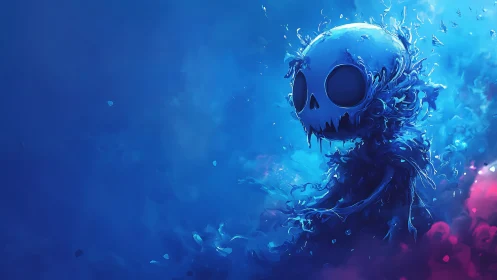 Ethereal skull spirit rises in swirling blue nebula mist.