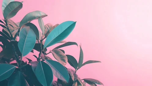 Rubber Plant Leaves with Minimalist Pastel Pink Background.