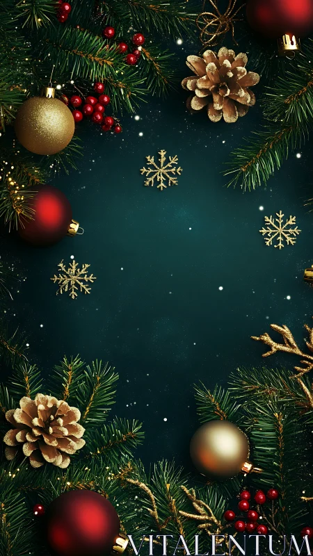 Christmas ornaments and pine branches on dark background.