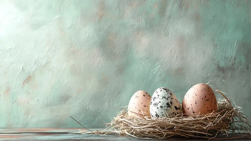 Speckled pastel eggs arranged in straw nest against textured wall