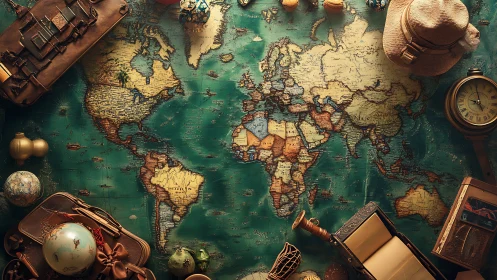 Vintage world map surrounded by classic travel gear