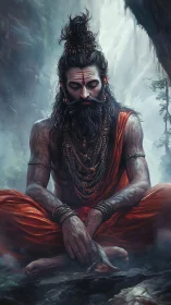 Digital painting of meditating ascetic in misted gorge.