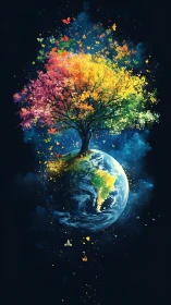 Cosmic rainbow tree blooming from Earth’s bright heartbeat.