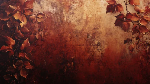 Autumn burnished leaves frame a rustic sunset wall. Period.