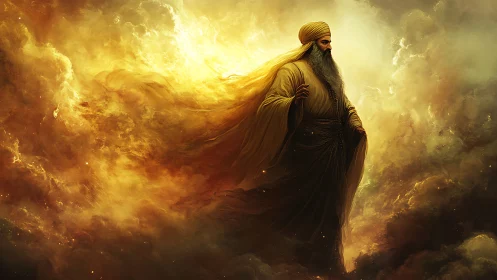 Golden robed sage walking through radiant swirling light.