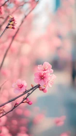 Cherry blossom blooms on branch with soft bokeh background