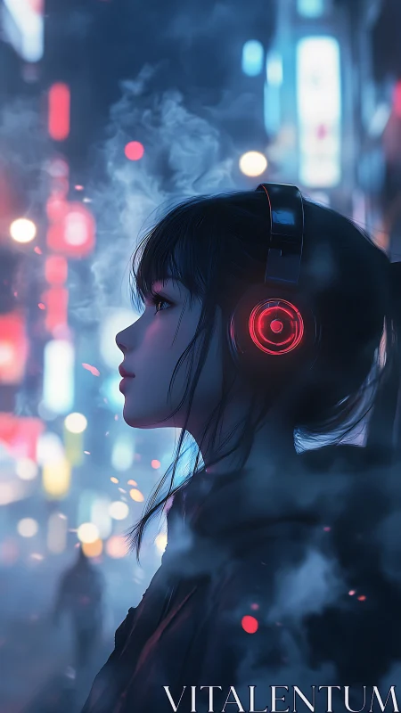 Girl with neon headphones finds calm in a cyberpunk city night