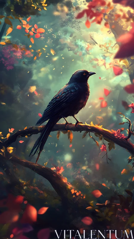 Raven on mossy branch amid glowing autumn forest light.