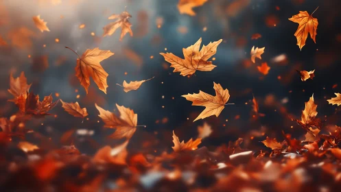 Orange maple leaves swirling in a blurred autumn breeze.