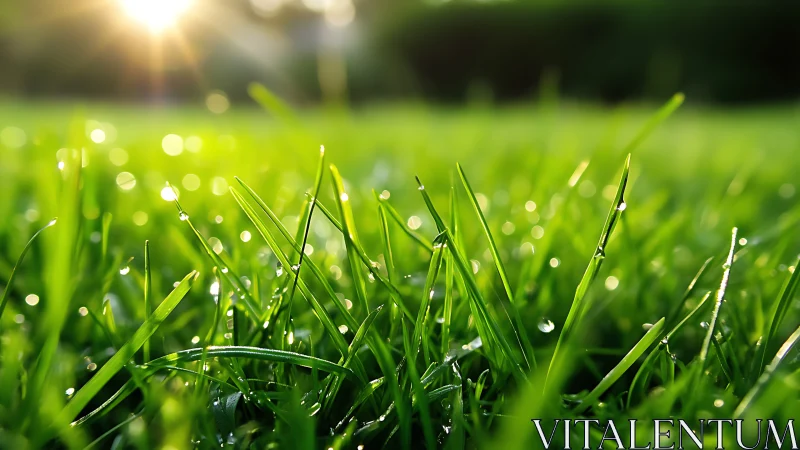 Close view of wet grass blades in early sunlight field.