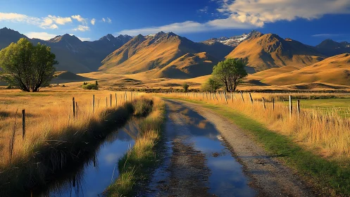 Gravel farm track with puddles leading toward distant mountains.