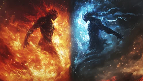 Elemental fire and ice warriors collide in a dramatic standoff