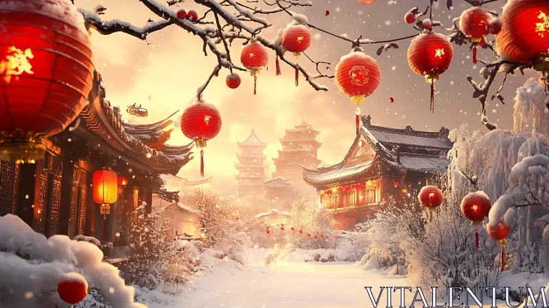 Lantern-lit snow temple glows in a swirling winter festival.