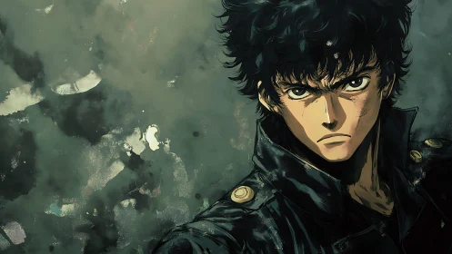 Angular anime portrait with grungy chroma-smeared background.