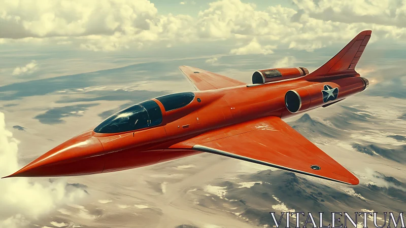 Red conceptual jet aircraft flying above desert clouds.