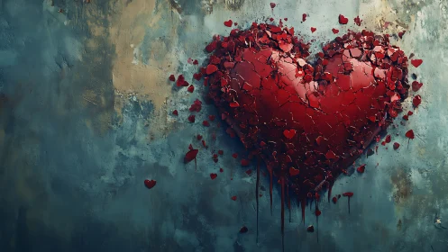 Heart Tree Bursting with Falling Hearts Against Weathered Wall