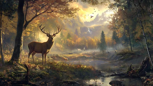 Stag stands by reflective forest pond under warm autumn light