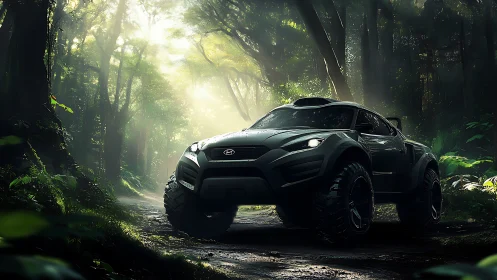 Photorealistic off-road concept SUV in cinematic jungle light.