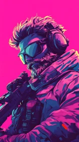 Soldier with tactical gear stands in neon pink lighting