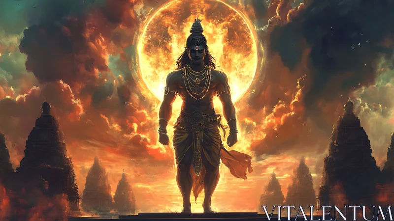 Mythic warrior strides before blazing celestial sun