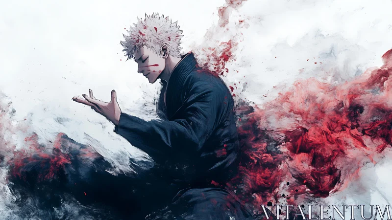 Anime warrior kneels amid swirling red and white energy storm.