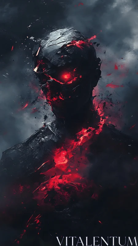 Burning obsidian cyborg figure with molten red core.