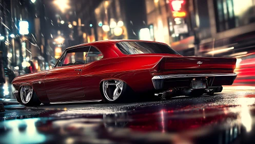 Low-slung red muscle car on wet neon city street at night