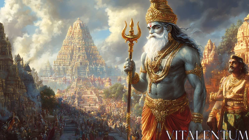 Mythic blue deity guards monumental golden temple city.