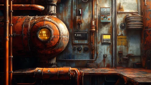 Rusty industrial control wall with pipes and gauges.