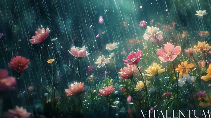 Downpour Blooms: Rain Dancing Through Petaled Dreams.