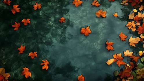 Autumn maple leaves drifting on crystalline pond surface.