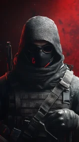 Hooded tactical operative in red-lit digital portrait.