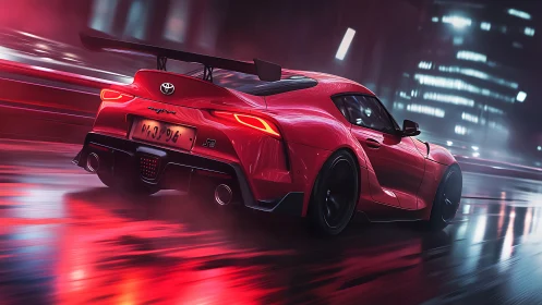 Red Toyota sports coupe on wet neon city street at night.