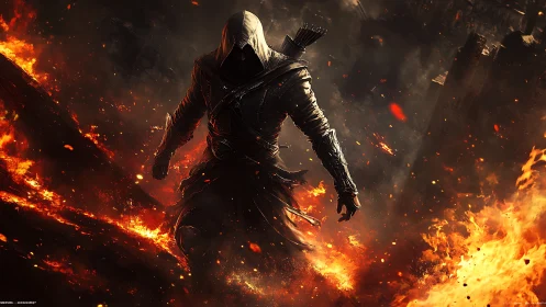 Hooded rogue strides through blazing ruins in fierce silence